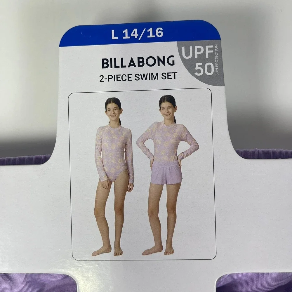 Billabong Girls Purple Floral 2-Piece Swim Set Rash Guard Bodysuit Shorts 14/16